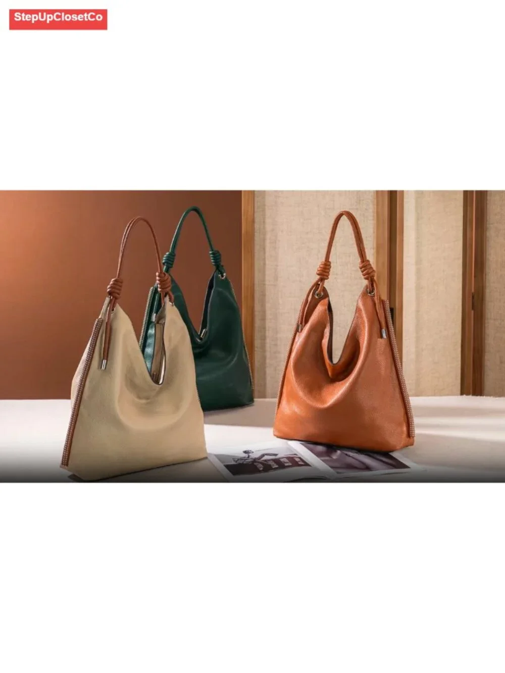 Faux Leather Slouchy Hobo Bag with Knotted Top Handle, Large Women's Shoulder